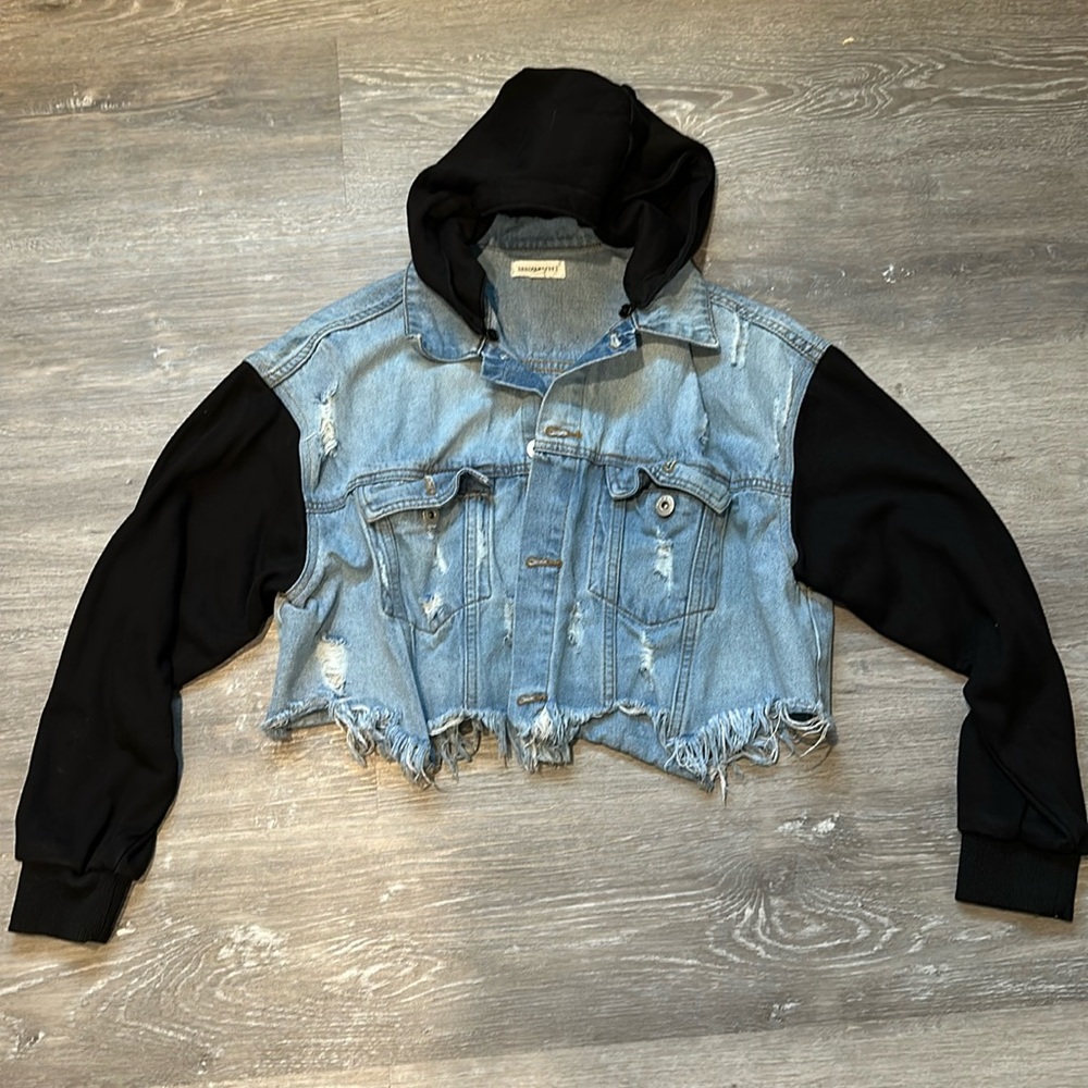 Crop Jean jacket with hood.
